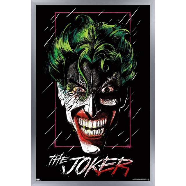 DC Comics - The Joker - Affiche Murale Gros Plan, 14,725 Po x 22,375 Po Encadrée, avec des Cheveux Verts et Noirs Stylisés avec des Effet de Traces de Pluie sur un Fond Noir Bordé d'Une Bordure Rectangulaire Rouge, avec « The Joker » en Texte graffiti Blanc et Rouge au Bas, Imprimée sur Papier d'Affiche Lustré, Convenant à l'Art Mural et à la Déco Intérieure.