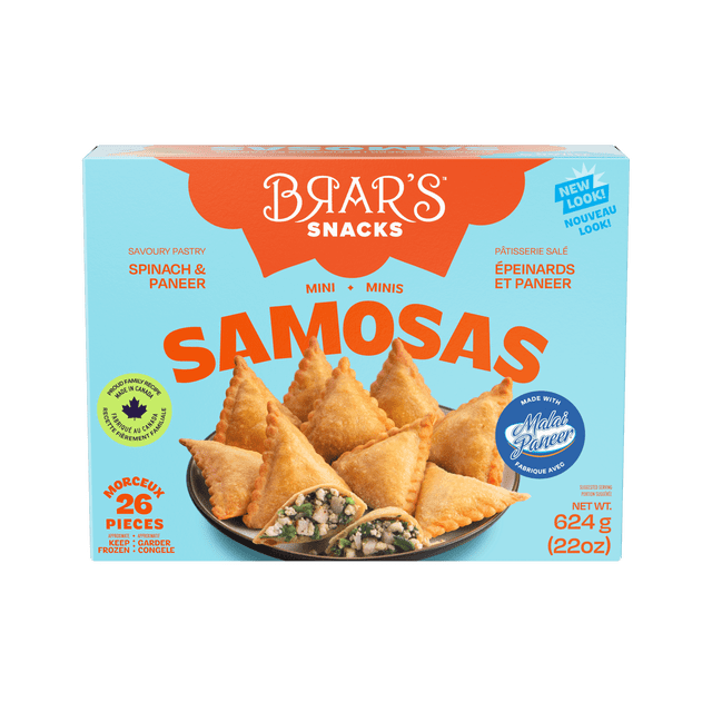BRAR'S SPINACH AND PANEER SAMOSA box showing 26 mini frozen samosas on a plate, one cut open to reveal spinach and creamy malai paneer filling, packaged in a blue box with orange text, weighing 624 g (22 oz), suitable as a savory Indian appetizer or snack with Mediterranean-inspired flavors.