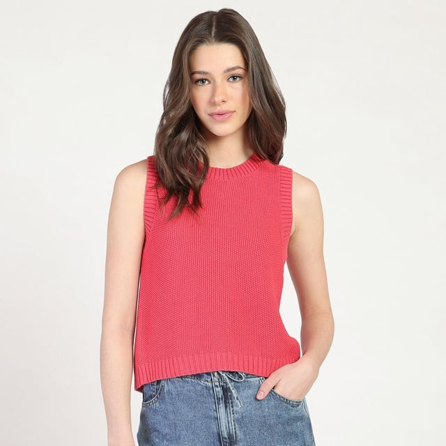 Bloom Girl Lace Back Sweater sleeveless top in bright red with a crew neckline and relaxed fit, featuring textured knit fabric and ribbed edges, paired with high-waisted blue denim jeans on a white background, ideal for warm weather or layering.