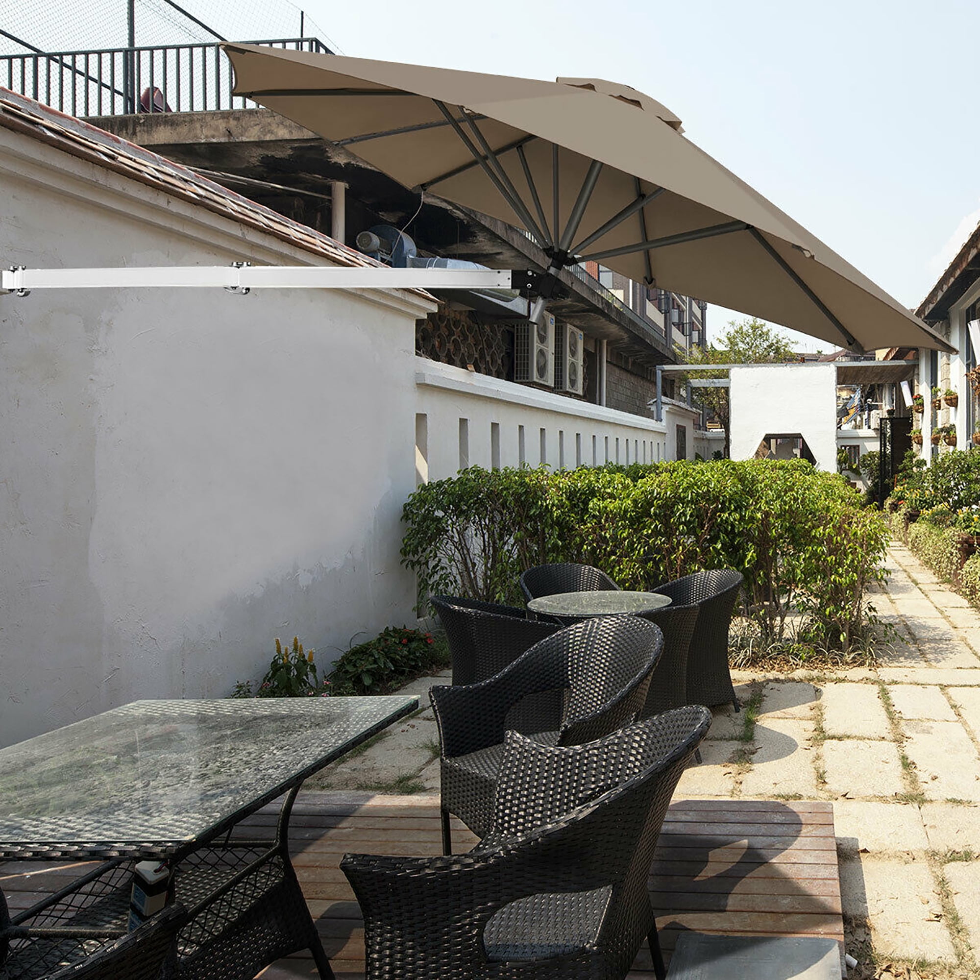 Costway Parasol Mural 8 Pi Télescopique Pliant Inclinable Pare-Soleil Beige