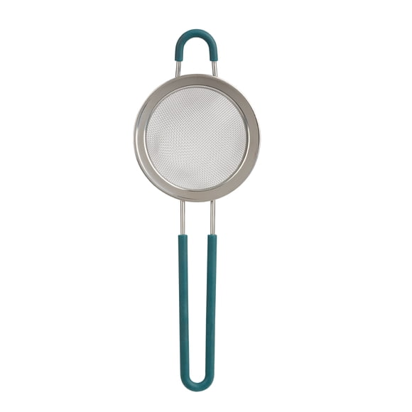 Mainstays Fine Mesh Drain and Catch Strainer with Silicone Covered Handle, 23.8 cm Basket, Hands-free Hook, Kitchen Tool, Green