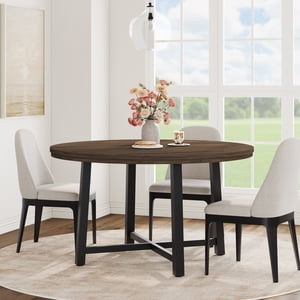 47" Round Dining Table for 4-6 People, Modern Brown Kitchen Table with Metal Legs, Space Saving Circle Dining Room Table (No Chairs)