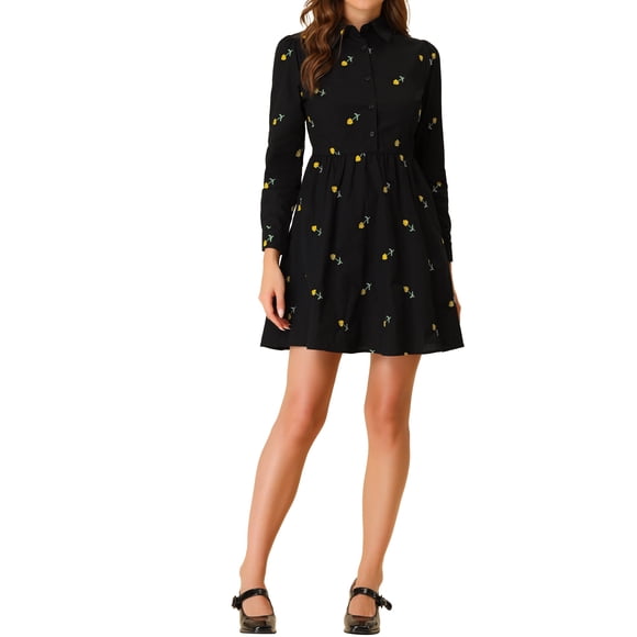 INSPIRE CHIC Women's Dress Long Sleeves Turn Down Collar Button Floral Mini Shirt Dress Black XL
