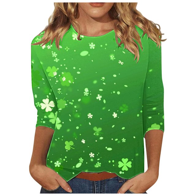 Diufon T-Shirts de la Saint-Patrick pour Femmes, Grande Taille, Imprimé Trèfle, Manches 3/4, Col Rond