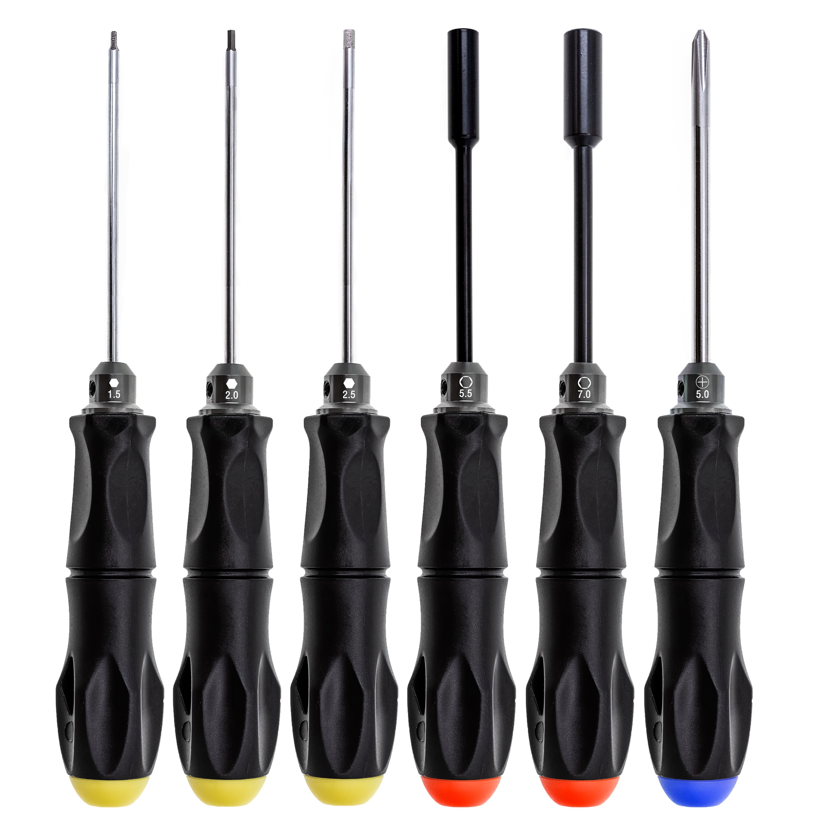 Riwcyla Hex Screw Driver Screwdriver Tool Kit for Remote Control Car Helicopter Drone, 1.5mm 2.0mm 2.5mm Hex Screwdriver 5.5mm 7.0mm Hex Nut Wrench 5.0mm+ Phillips Screwdriver, Set of 6 Pieces