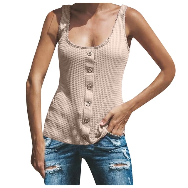 Timegard Plus Size Tank Tops for Women Round Neck Button Sleeveless Tops Casual Solid Color Knit Tee