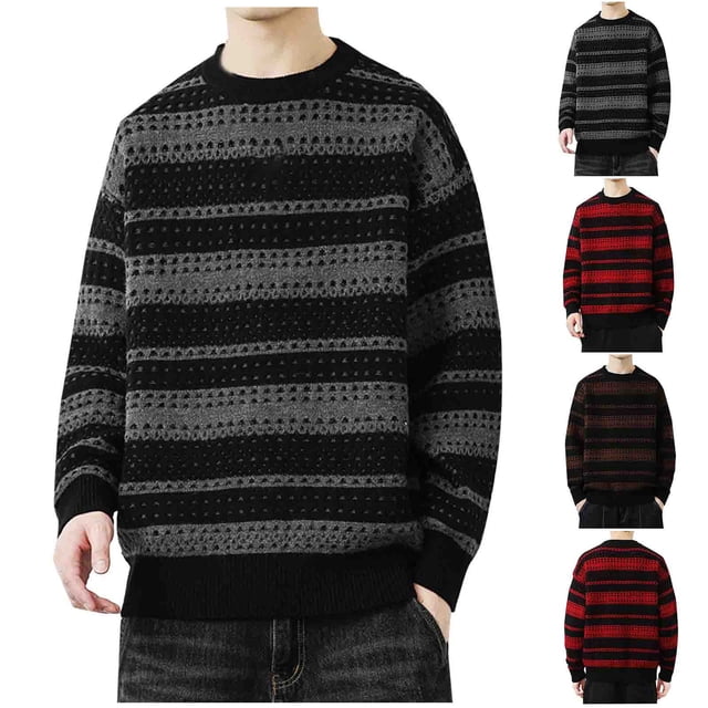 UVEASISHA Striped Sweater Mens Color Block Knitted Pullover Round Collar Fashion Drop Shoulder Jumper Tops Comfy Casual Loose Ribbed Knit Sweaters Clearance Sales Today Dark Gray 3XL