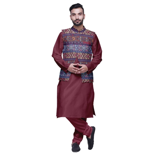 Atasi Men Mandarin Collar Solid Kurta Churidar Pajama & Printed Nehru Jacket Set