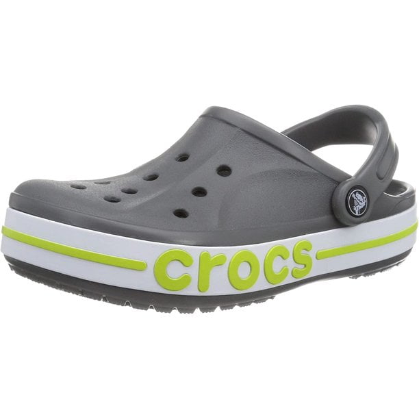 Crocs Sabots Bayaband Unisexes pour Adultes avec Tige en Élastomère Thermoplastique Gris et Trous de ventilation, Bride de Talon Pivotante et Semelle Intercalaire Blanche et Vert lime avec le logo Crocs. Légers et Adaptés à l'Eau, Conçus pour le Confort et les Tenues Décontractées.