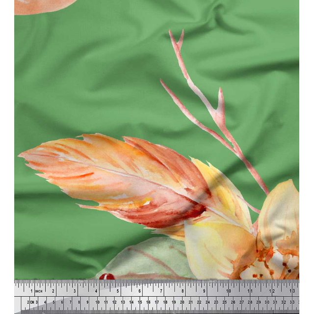 Soimoi Tissu Vert Moss Georgette Imprimé Feuilles & Pêche Floral pour Couture BTY 42 Pouces de Large