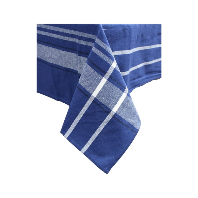 French Border Tablecloth (60 X 90) (Navy Blue) showing a close-up of the cotton fabric corner with navy blue base and white and light blue French border stripes, suitable for dining and coffee tables and often used as stylish home décor.