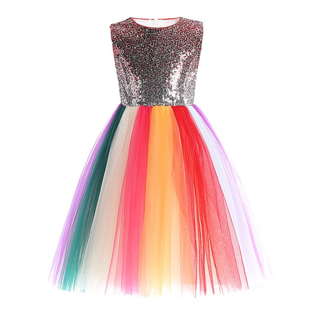 Flower Girls Sequin Dress Rainbow Tutu Birthday Party Dress Pageant Gown