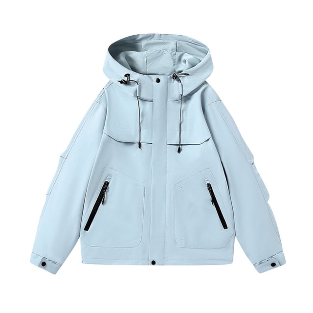 WRKEKC Men's Heavy-Duty Waterproof Workwear Raincoat Hooded Jacket with Multiple Utility Pockets for All-Weather Outdoor Construction and High-Visibility Work Commute Light Blue XL