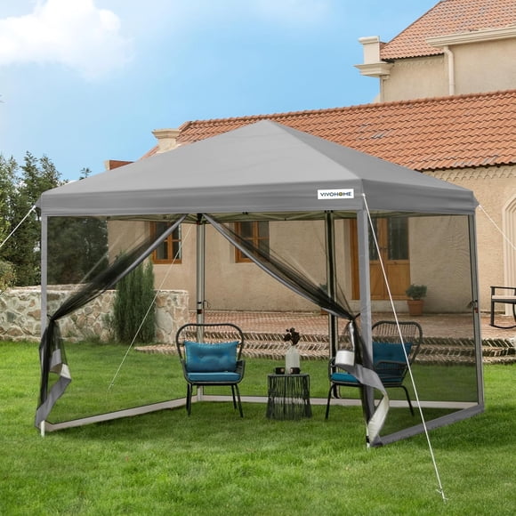 SPECSTAR Abri à Déploiement Facile 10 Pieds x10 Pieds, Tente Moustiquaire Extérieure avec Moustiquaire, 2 Portes à Glissière et Sac à Roulettes pour Cour, Camping, Pique-Nique, Fêtes, Événements, Gris