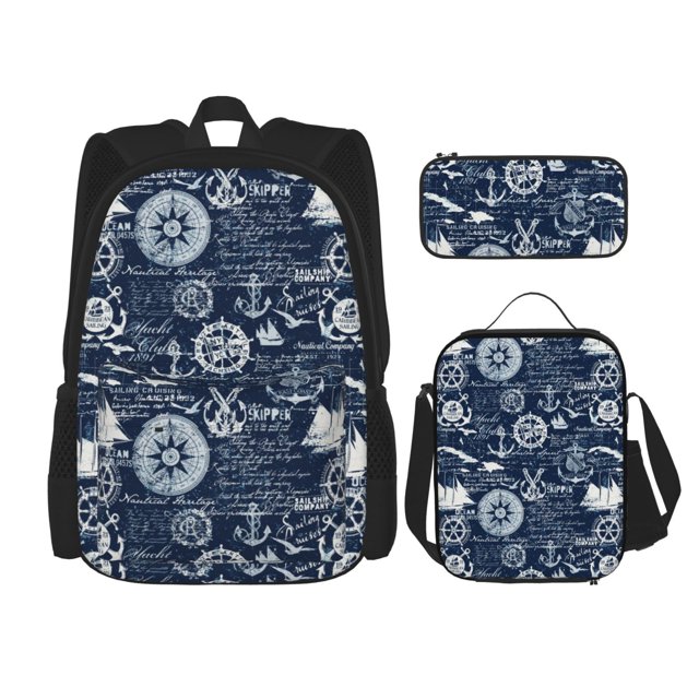 Kdxio Sailing Cruises Nautical Print School Study Combo Set Backpack with Lunch Bag Pencil Case Oxford Lightweight Durable Travel Organization Kit