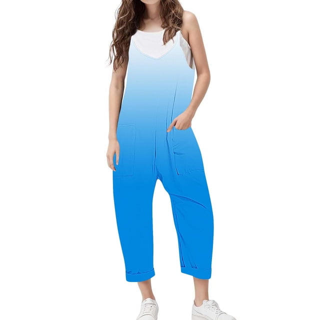Sleeveless Casual Jumpsuit for Girls, Soft Polyester-Spandex Blend, Pockets, Long Pants, Gradient Design,西瓜 Red, Size 160