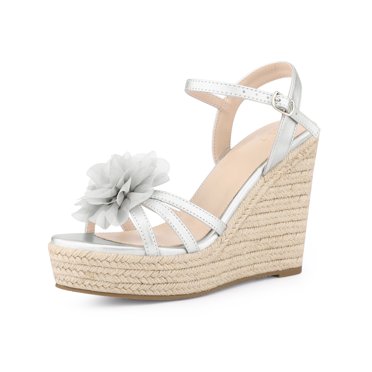 Allegra K Sandales Compensées Espadrilles à Plateforme à Fleurs pour Femmes Argent 5,5