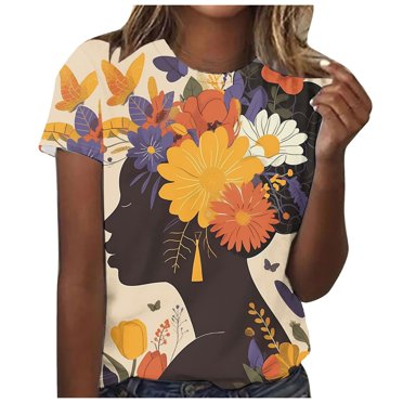 TSADFHJI Hauts Athlétiques Femmes Ajusté Femmes Mode Décontracté Ample Imprimé Col Rond Manches Courtes T-Shirt Haut L Jaune