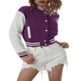 thumbnail image 3 of CenturyX Women Long Sleeve Cropped Baseball Jacket Color Block Button Down Front Open Fashion Bomber Jacket Coat Purple M, 3 of 7