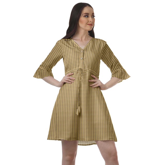 Moomaya Robe Décontractée en Poly-Crêpe pour Femmes, Imprimée, à Col en V, Mini-Robe à Cordon