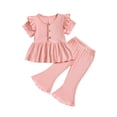 thumbnail image 1 of Plebaso Baby Girls Solid Color Ruffled Sleeve Round Neck Tops Elastic Waist Trousers Two-Piece Set Kids Casual Clothes, 1 of 7