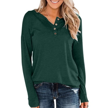 Summer Saving!Button Up Tunic Tops For Women,Spring Casual Henley Button Down Top Women, Womens Long Sleeves Tunic Shirts Scoop Neck Button Down Tops Casual Henley Tee Shirt Slim Fit Blouses