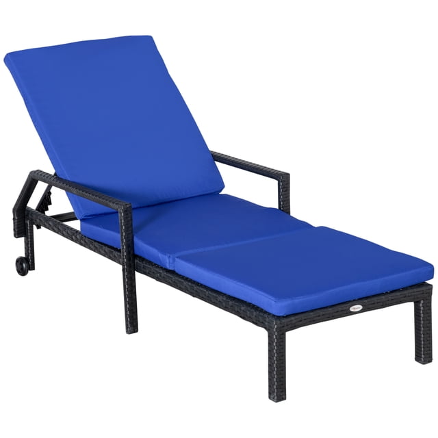 Outsunny Osier Chaise Chaise Longue d'Extérieur en Rotin PE Bleu Foncé avec Dossier Réglable à 5 Niveaux et Deux Roues pour la Mobilité. Présente un design en Rotin PE Tressé à la Main avec un Cadre en Acier durable. Convient aux patios, Jardins et Espaces Extérieurs. Dimensions : 28,7 Pouces de Large, 78,7 Pouces de Profondeur et 18,9 Pouces de Hauteur.