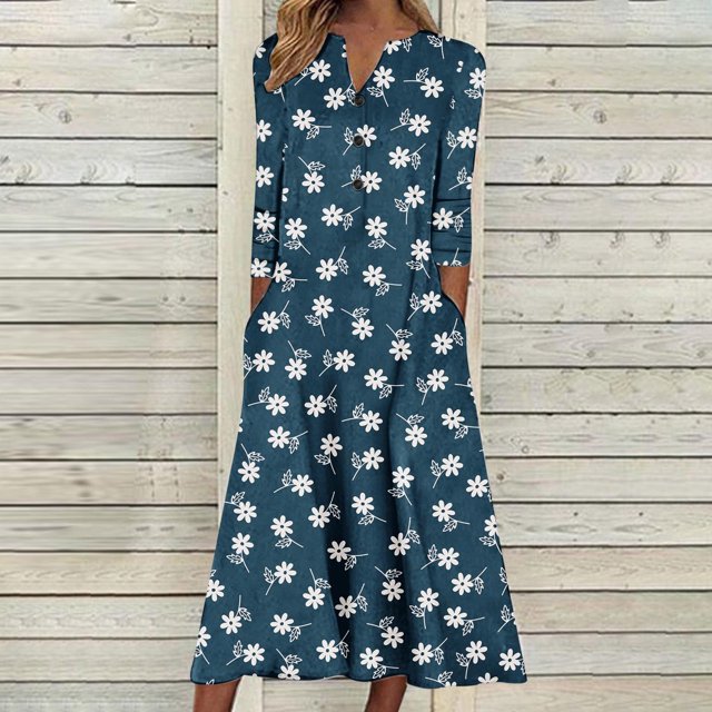 Babysbule Liquidation Robes d'Automne pour Femmes Mode Femmes Décontracté Élégant Col Rond Imprimé Été Manches Longues Poches Robe