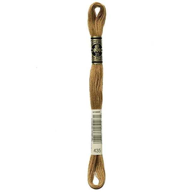 DMC Brown Cotton 6 Strand Floss 8m in light brown, made from 100% long staple Egyptian cotton with a smooth, glossy finish. The floss is looped and held by two labels: a black DMC brand label with strand number 25 and a white label with barcode and color code 435. Ideal for embroidery, cross-stitch, needlepoint, smocking, and scrapbooking.