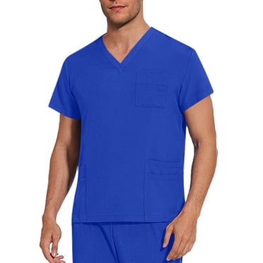 Amzcrzy Scrubs for Men Solid Color V Neck Scrub Tops Fashion Short Sleeve Workwear Nursing Scrubs with Pockets