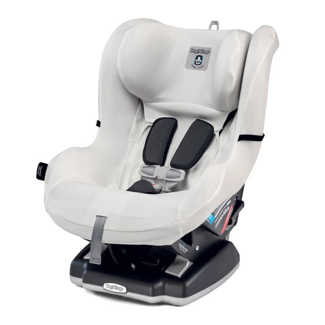 Peg Perego Clima Cover for Primo Viaggio All-In-One Convertible Car Seats in white TENCEL material. Designed for temperature regulation, it keeps babies warm in winter and cool in summer. The cover fits snugly over the car seat, showcasing black harness straps and a durable base.