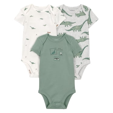 Lot de 3 bodies à manches courtes pour bébé garçon de la marque Carter's Child of Mine, motif dinosaure vert.