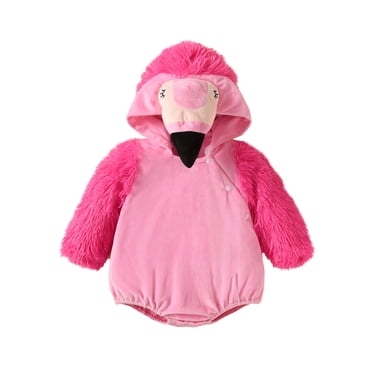 EYIIYE Toddlers Baby Halloween Long Sleeve Rompers Newborn Flamingo Pattern Plush Hooded Bodysuit Infant Loose Fit Jumpsuits Cute Cozy Warm Clothes