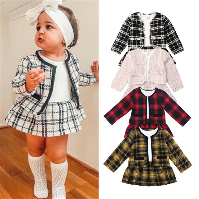 Automne Hiver Bambin Bébé Fille Vêtements Manteau à Carreaux Tops + Tutu Robe Formelle Ensemble