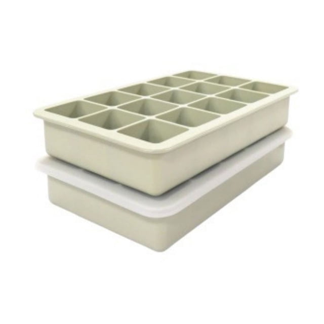 Wzzjkit Ice Cube Tray, a silicone ice cube tray with 15 compartments for large ice cubes. The tray is stackable and comes with a lid, ideal for kitchen organization and food storage. Designed for use in refrigerators, it makes ice for whisky, cocktails, or other beverages. Made from flexible, non-stick, and washable material, it ensures easy release of ice cubes and is reusable. The tray is shown in a neutral colour with a white lid.