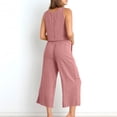 thumbnail image 3 of Women's Summer 2 Piece Cotton Linen Outfits Round Neck Crop Basic Tank Top Cropped Wide Leg Pants Capris Lounge Set, 3 of 6