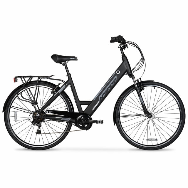 700c Hyper Bicycles E-Ride 36V Electric Commuter E-Bike for Adults in black with 700C aluminum frame, integrated 36V battery, front suspension fork, Shimano 6-speed grip shifter, rear derailleur, front and rear V-brakes, rear cargo rack, and 250W rear hub brushless motor, ideal for urban commuting and light cargo transport.