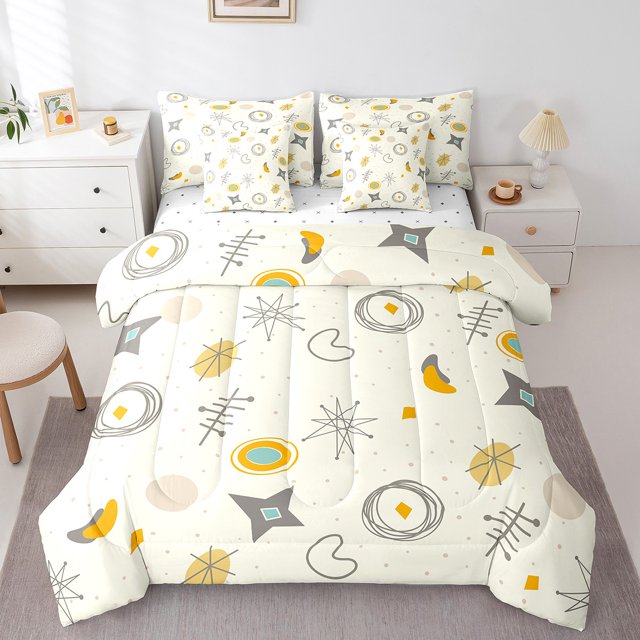 YST Modern Mid Century Geometric Comforter Set, Queen, 7-Piece, Retro Fifties Theme, Teal Orange