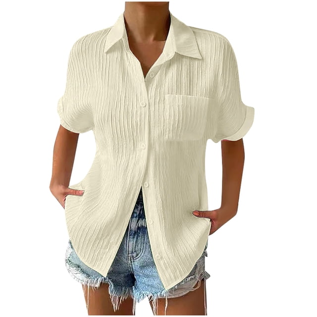 Besolor Womens Plus Size Button down Shirts Collared Short Sleeve Textured Summer Casual Tops Blouse with Pocket