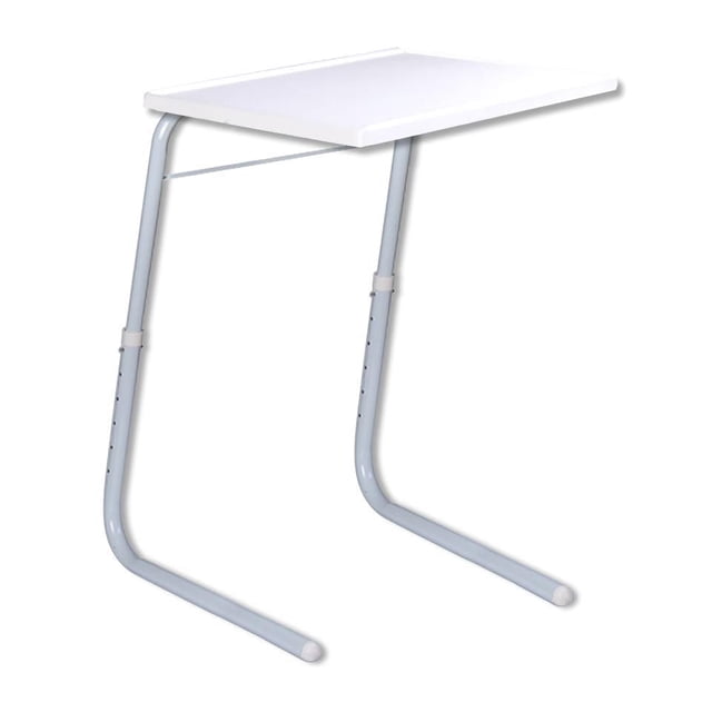 Table-Mate - The Adjustable Table That Slides To You! White folding table with a white food-grade polypropylene top and powder-coated steel legs in light grey, adjustable height with twisting locking collars, and a tilting tabletop with four angles, designed to slide under furniture for ergonomic comfort and compact storage.