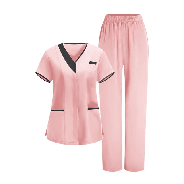 RXMEKW V-Neck Tunic And Pants Set For Women, 95% Polyester 5% Spandex, Short Sleeve Scrub Uniform For Medical Professionals