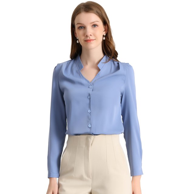 INSPIRE CHIC Chemise Élégante à Manches Longues Col en V pour Femmes P Bleu