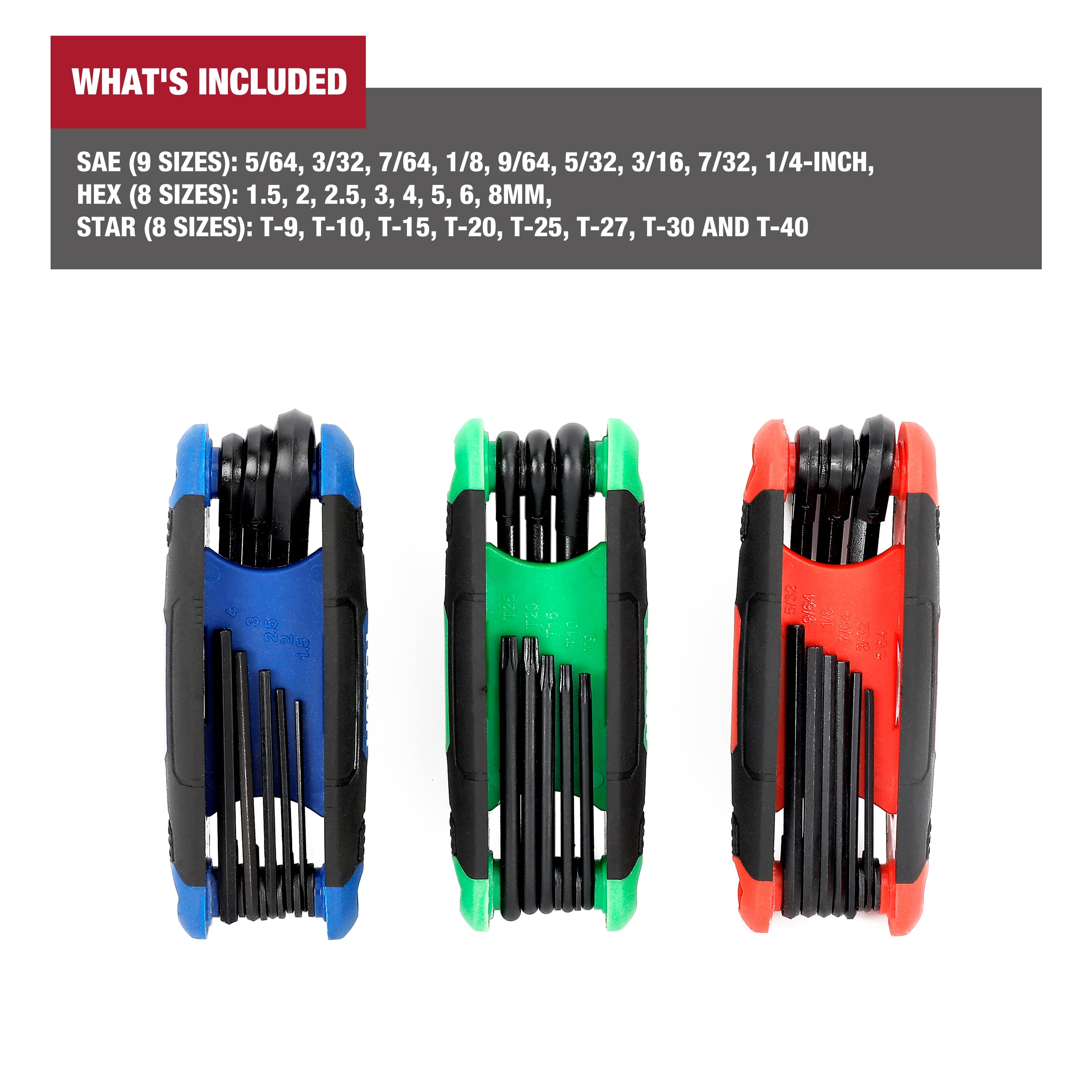 Hyper Tough 3-piece Folding Hex Key Set,Metric,SAE,Star Sizes