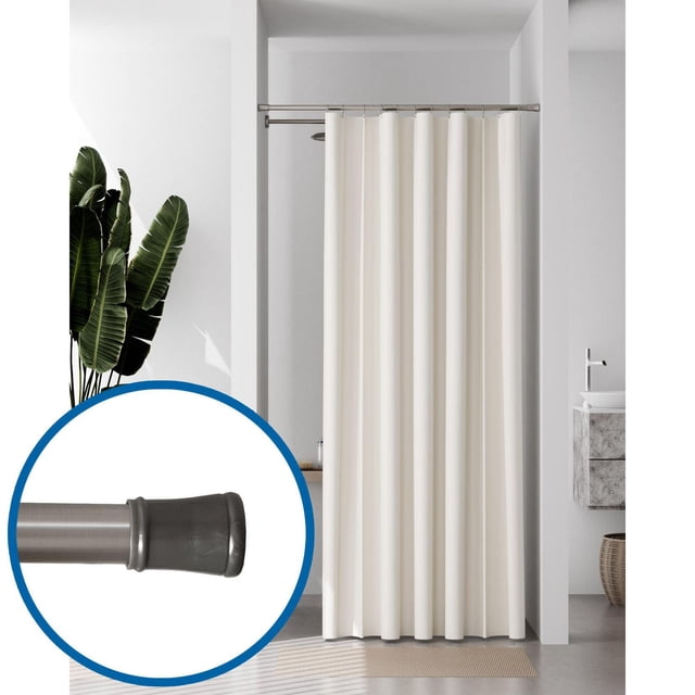 Mainstays Easy Up Adjustable Tension Shower Curtain Rod installed in a minimalist bathroom with white walls and a beige shower curtain, featuring a close-up of the rod's rubber tension end cap for tool-free, damage-free installation and adjustable fit, also suitable for closet organization.