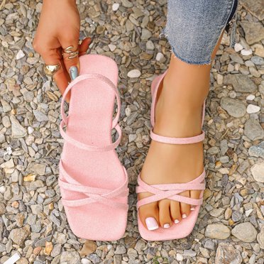Fankiway Women's Non Slip Flat Sandals One Strap Thin Strap Low Heel Versatile Open Toe Casual Spring Summer Pink 8.5