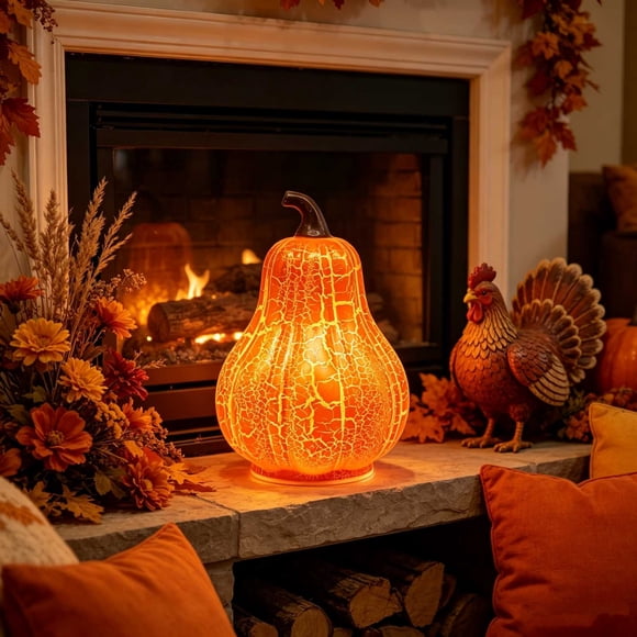 CaiYueKe Halloween Glowing Pumpkin Lantern Cracked Design, Fall Thanksgiving Desktop Decor with Warm LED Light, Battery Operated Resin Night Light for Party Mantel Table