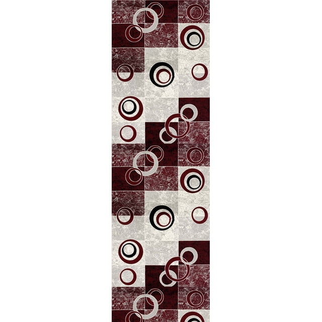 Rug Branch Montage 2' x 7' geometric indoor runner rug with overlapping red, grey, black, and white circles on a textured checkerboard background, made of durable 100% olefin heatset, ideal for entryways, hallways, kitchens, and bathrooms.