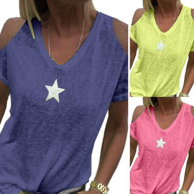 Women Summer Cold Shoulder Star Print Plus Size T-Shirt V Neck Solid Color Top