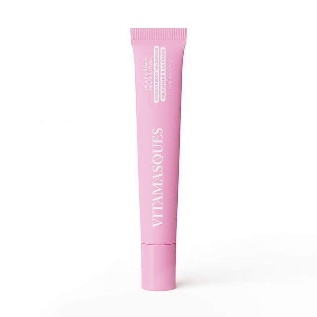 Vitamasques Lip Butter Balm - Strawberry Milkshake, 0.33 fl oz, pink squeeze tube with white text, enriched with shea butter, coconut oil, and vitamin E to hydrate and soothe dry lips, providing barrier support and a creamy texture suitable for daily lip care.