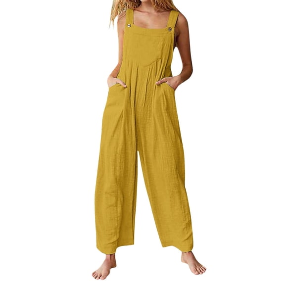 JMYHOAM Combinaisons pour Femmes, Mode Femme Été Uni Décontracté Camisole à Poches Sans Manches Salopette Combinaison pour Femmes Combinaisons, Barboteuses et Salopettes, Jaune G